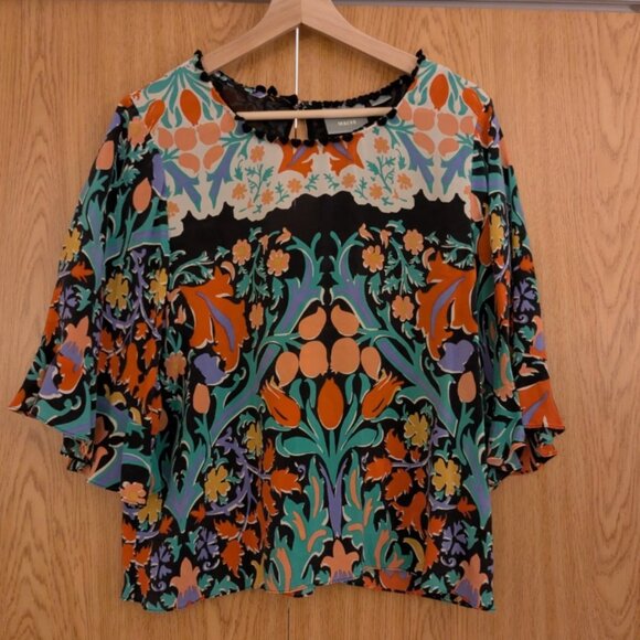 Anthropologie Maeve Vibrant Ruffle Sleeve Floral 100% Silk Blouse Size 12 Petite - Picture 1 of 11